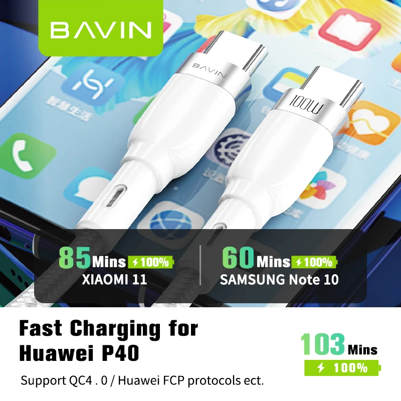 BAVIN CB229 Type C to Type C Quick Charge Usb C Cables 5a Charging Cable Nylon Braided 100W 5A Fast Charging Data Usb Cable