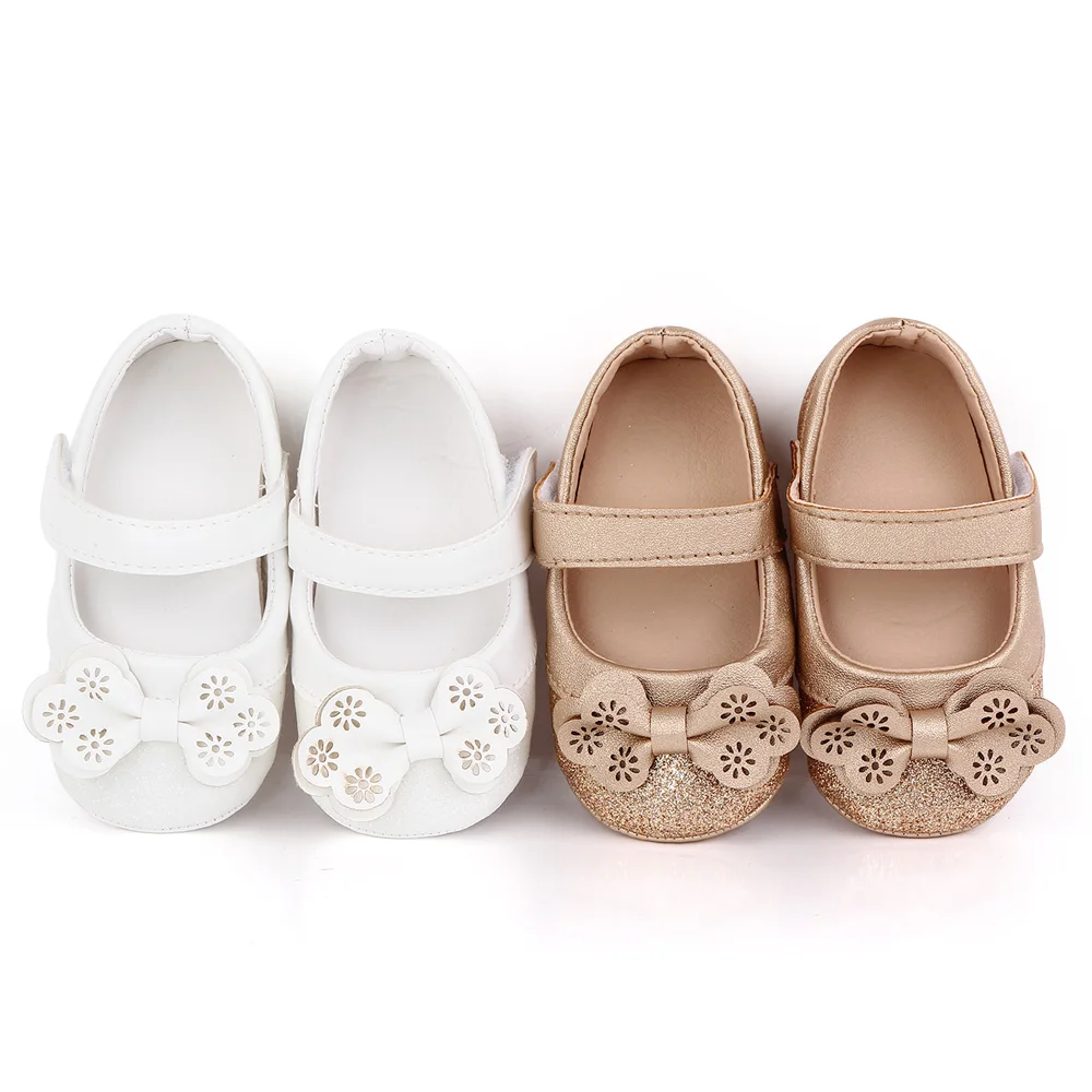 Baby Girls Princess Shoes Shining Glitter Hollow PU Bow Cute Soft Soled Toddler Shoes