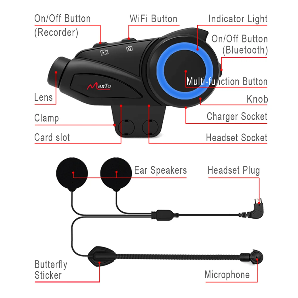 Motorcycle helmet Bluetooth intercom Headset with HD Camera,Maxto