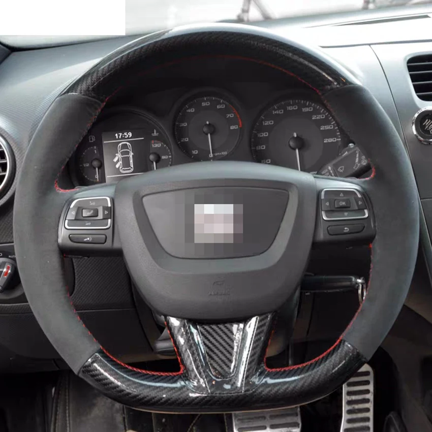 Hand Sewing Custom Soft Suede with Carbon Steering Wheel Cover for Seat Leon 2009 2010 2011 2012