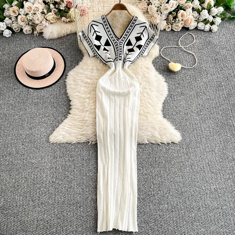 Wholesale Summer 2026 New Fashion Elegant Temperament Casual French Print V-Neck Short Sleeve Knitted Ladies Dress Wholesale Summer 2026 New Fashion Elegant Temperament Casual French Print V-Neck Short Sleeve Knitted Ladies Dress