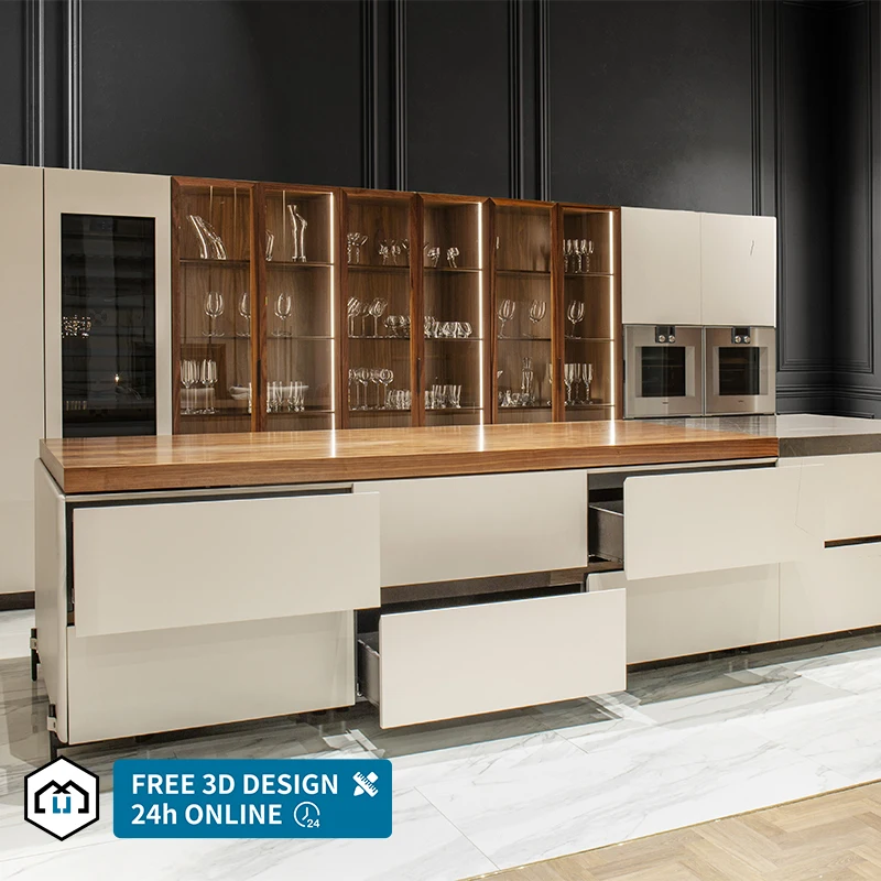 Modern Design Glossy Lacquer Grey Kitchen With Glass Door