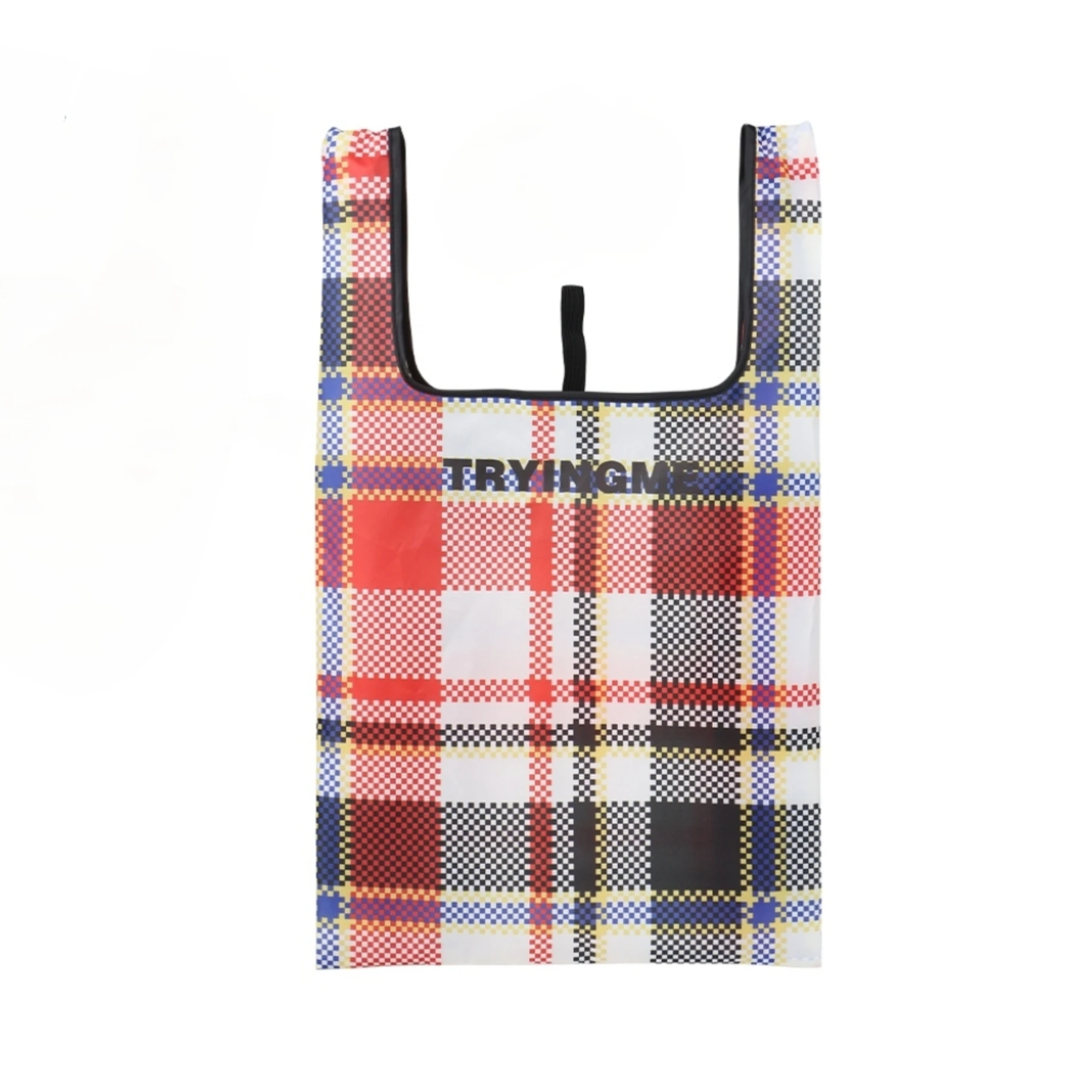 Customized Eco Vest Bag Reusable Casual Optional Plaid Pattern Long Handle Foldable Shopping Tote Bag Made of Polyester