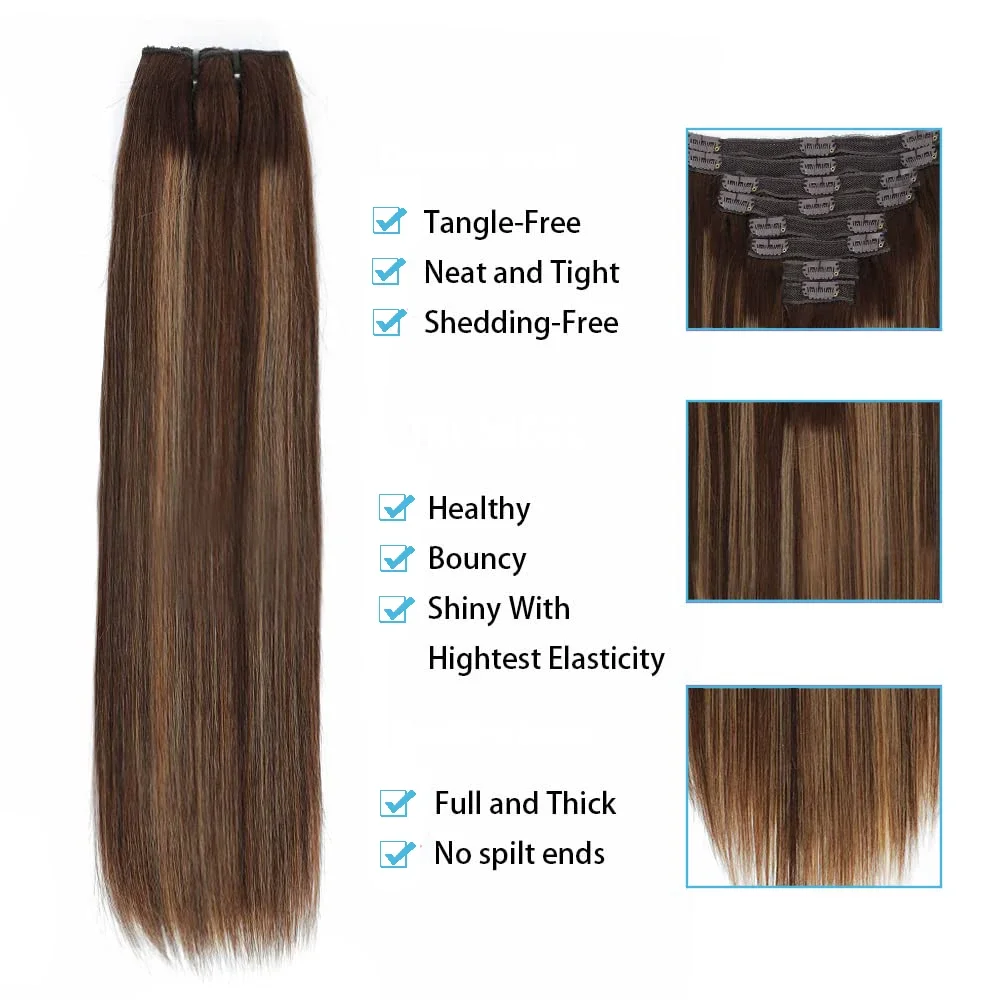 Extensions de cheveux raides à clipser Cheveux humains P4/27 Coiffure Postiche Tête complète Naturel 18 clips_voghion.com