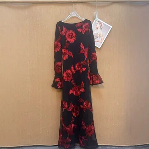 Bettergirl 2026 Ramadan Hot Selling Round Neck Embroidery Sequin Long Sleeve Casual Red Women Dress Party Elegant Long Dress
