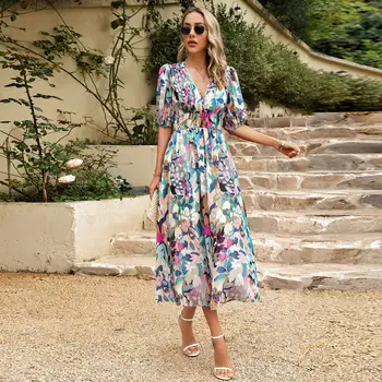 New Arrival Women Summer Casual Style Floral Printed V-neck Cinching Waist Short Sleeved Dress for Vacation Wear