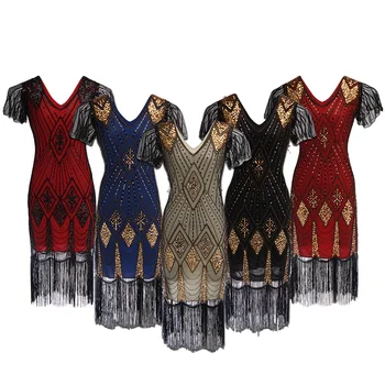 Minthson plus size xxxxl 1920s Great Gatsby Flapper Sequin Fringe Midi Dress Vestido Summer Art Deco Retro Black Dress