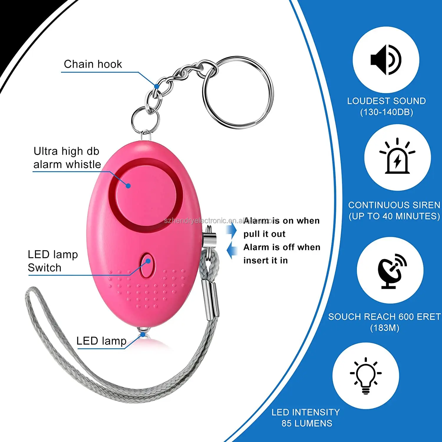 Girls Pink Self Defense Alarm Siren Keychain Accessories Women Personal ...