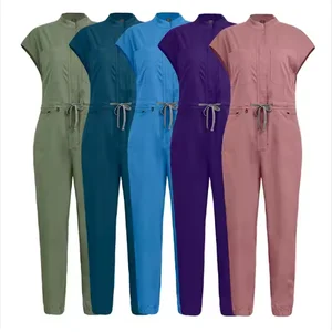 Women Nursing Jump Suit Mandarin Neck Custom Logo Hospital Medical Scrub Uniforms Sets With Jogger Leg for Nurse Jumpsuit