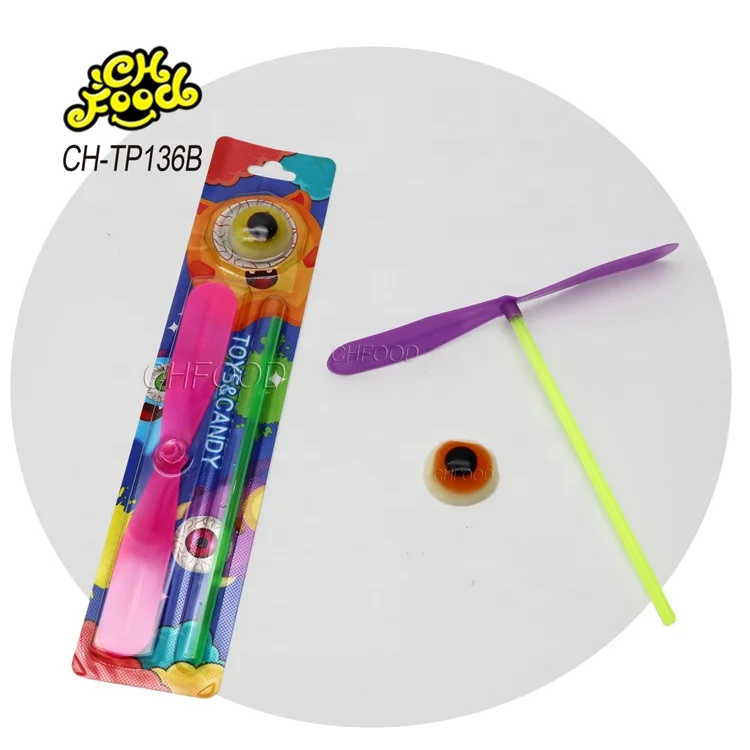 Low MOQ Wholesale Halal 3D Eyeball Gummy Candy with Plastic Bamboo Dragonfly Toy for Kids