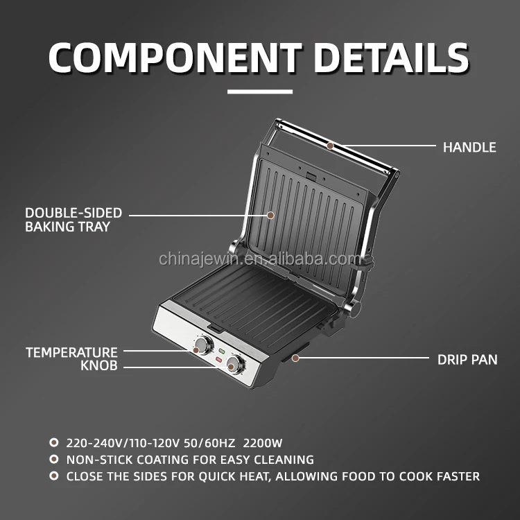 4-slice 2000w Detachable Open 180 Degrees Stainless Steel Contact Grill ...
