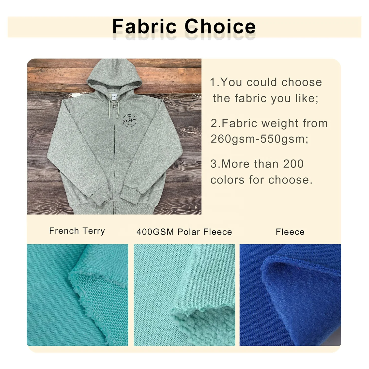 JL123C Factory Men’s Full Zip up Hoodies 500 Gsm Cotton Heavyweight Designer Pattern Embroidered Thick Hoodies Men