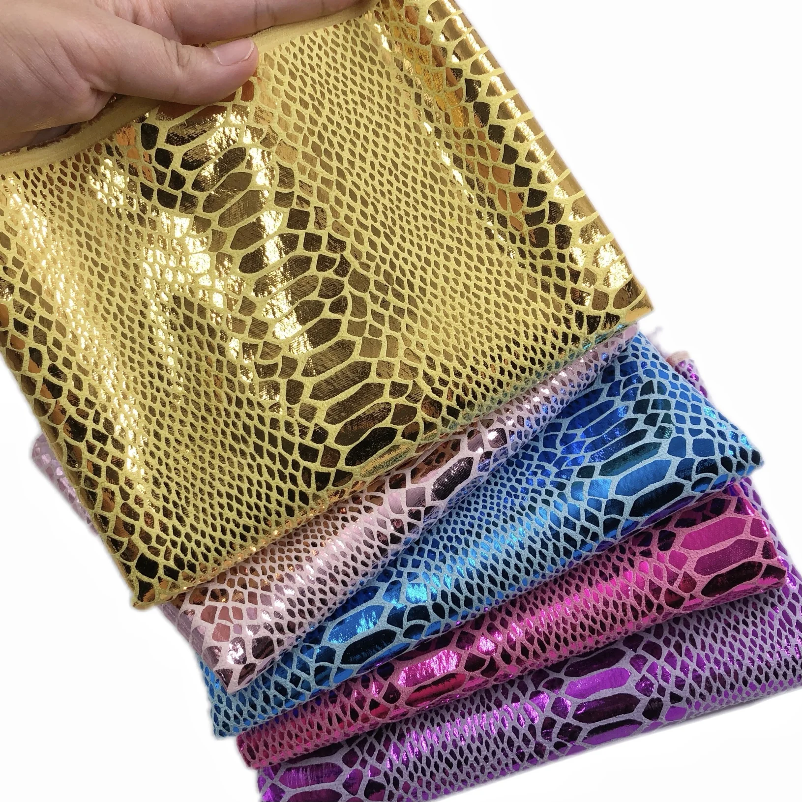 FA-838 Metallic Snake Skin Pattern Foil Print Polyester Suede Velvet Fabric for Costume Bags Shoes