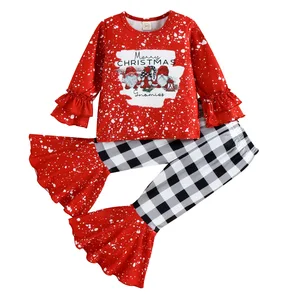 Autumn Casual Toddler Girls Clothing Sets Christmas Snowman Print Plaid Flared Pants with Long-Sleeved Outfits for Kids