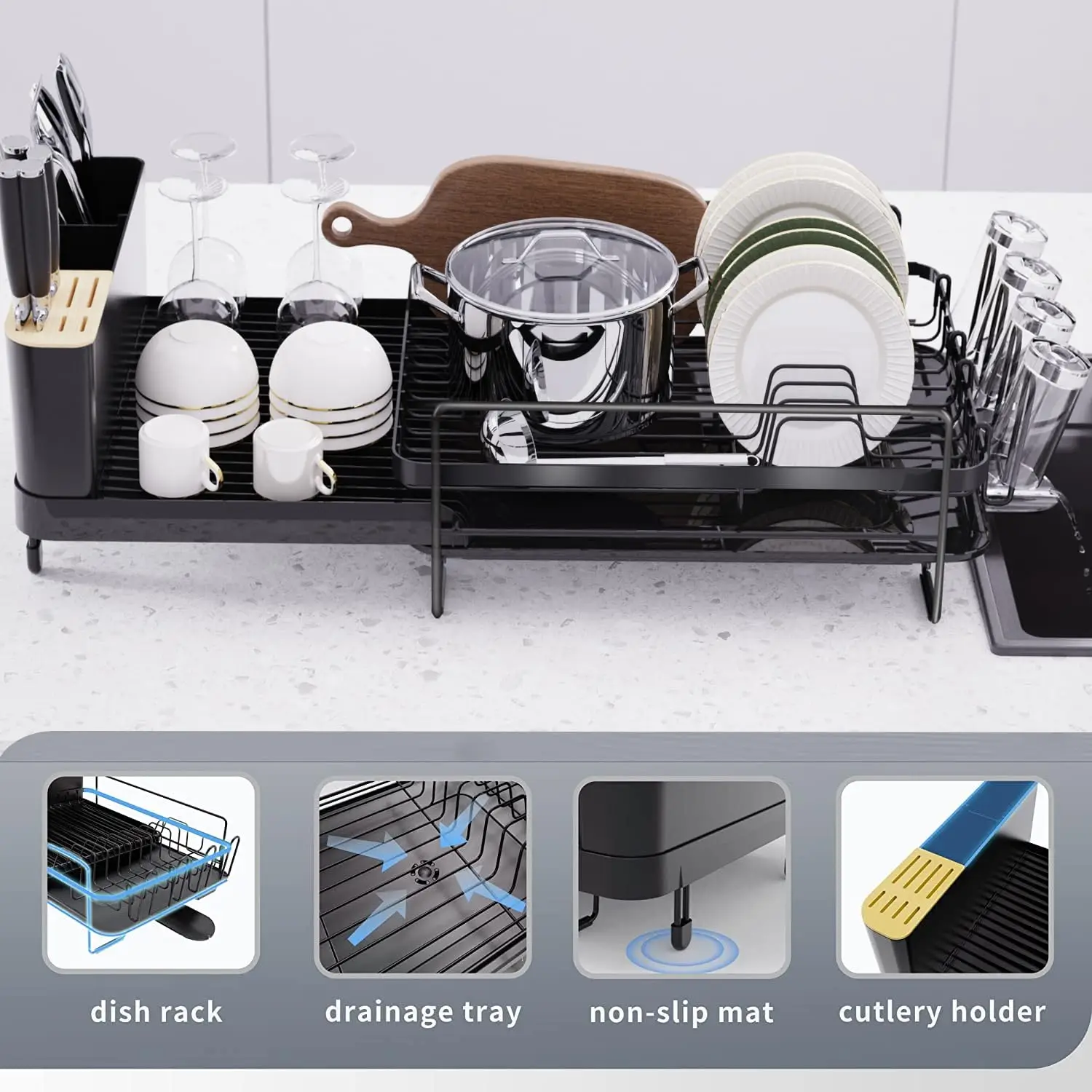Large Dish Drying Rack With Drainboard Expandable Dish And Cup Holder
