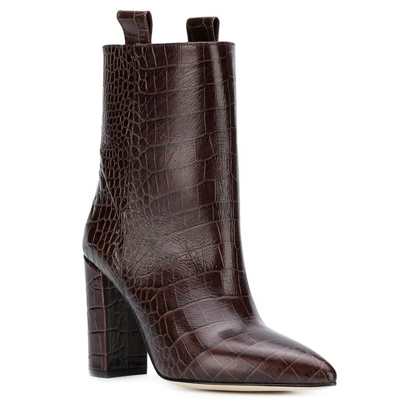 Crocodile Embossed Short Boot 2019 Women Chunky Heel Ankle Boots