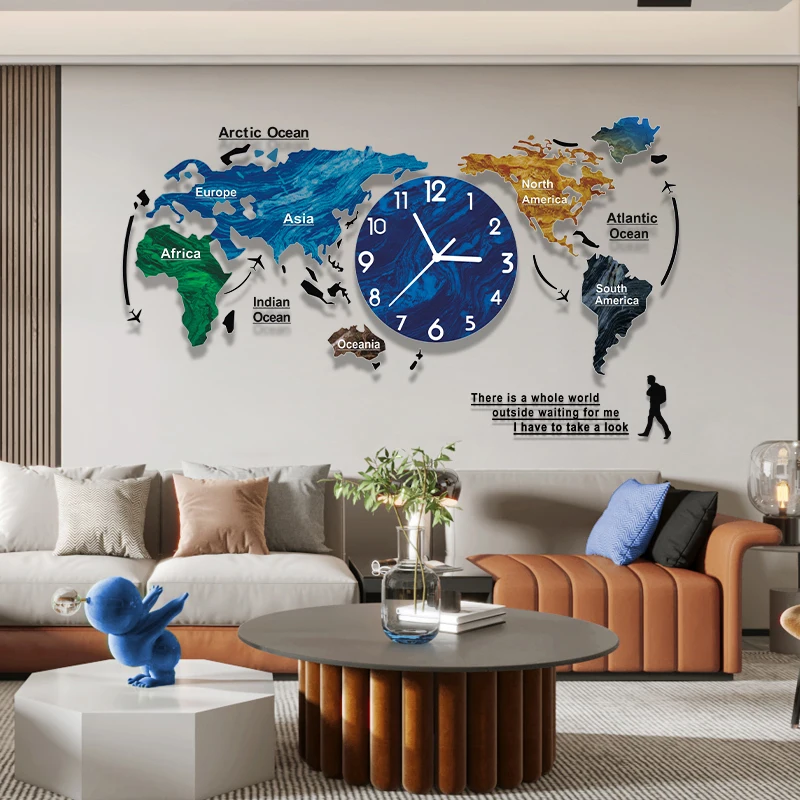 Living Room Creative Map Wall Clock Large Decorative Hanging Silent Hanging Clock Acrylic Mirror