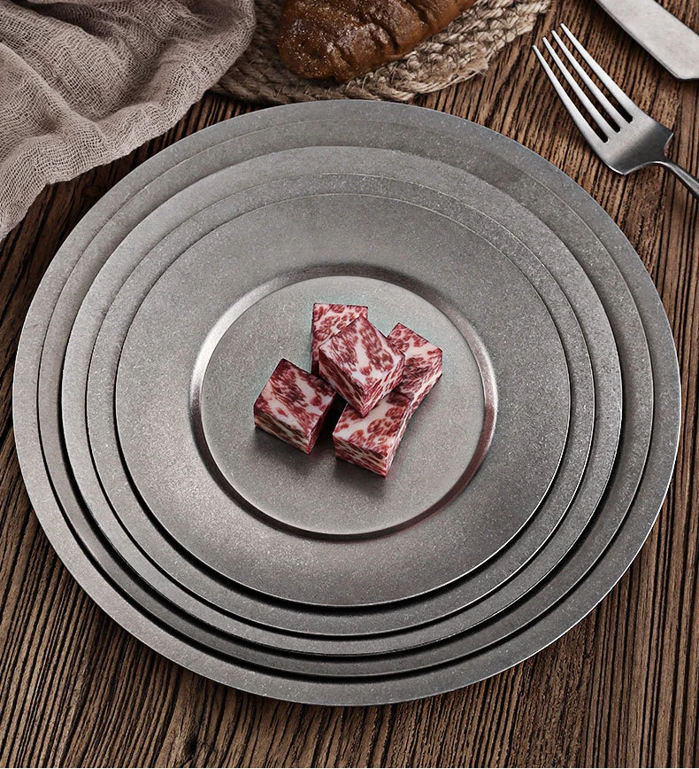 Japanese Retro Style  Stainless Steel Round Steak Plate Luxshiny  Dinner Sushi Dish Make Old Dessert Cake Candy Fruit Plates