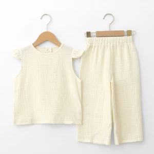 China Online Sale Custom Color Ruffle Cotton Knitted Elastic Waistband and Sleeveless Baby Clothing Suits