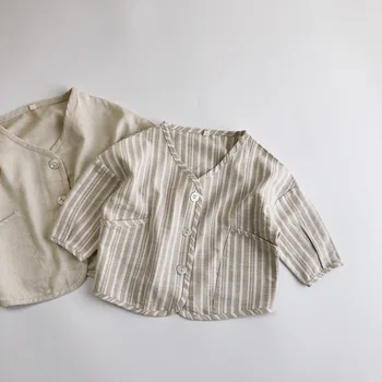 Children's cardigan Spring and Autumn New loose long sleeve Mori style artistic cotton and linen stripes cardigan