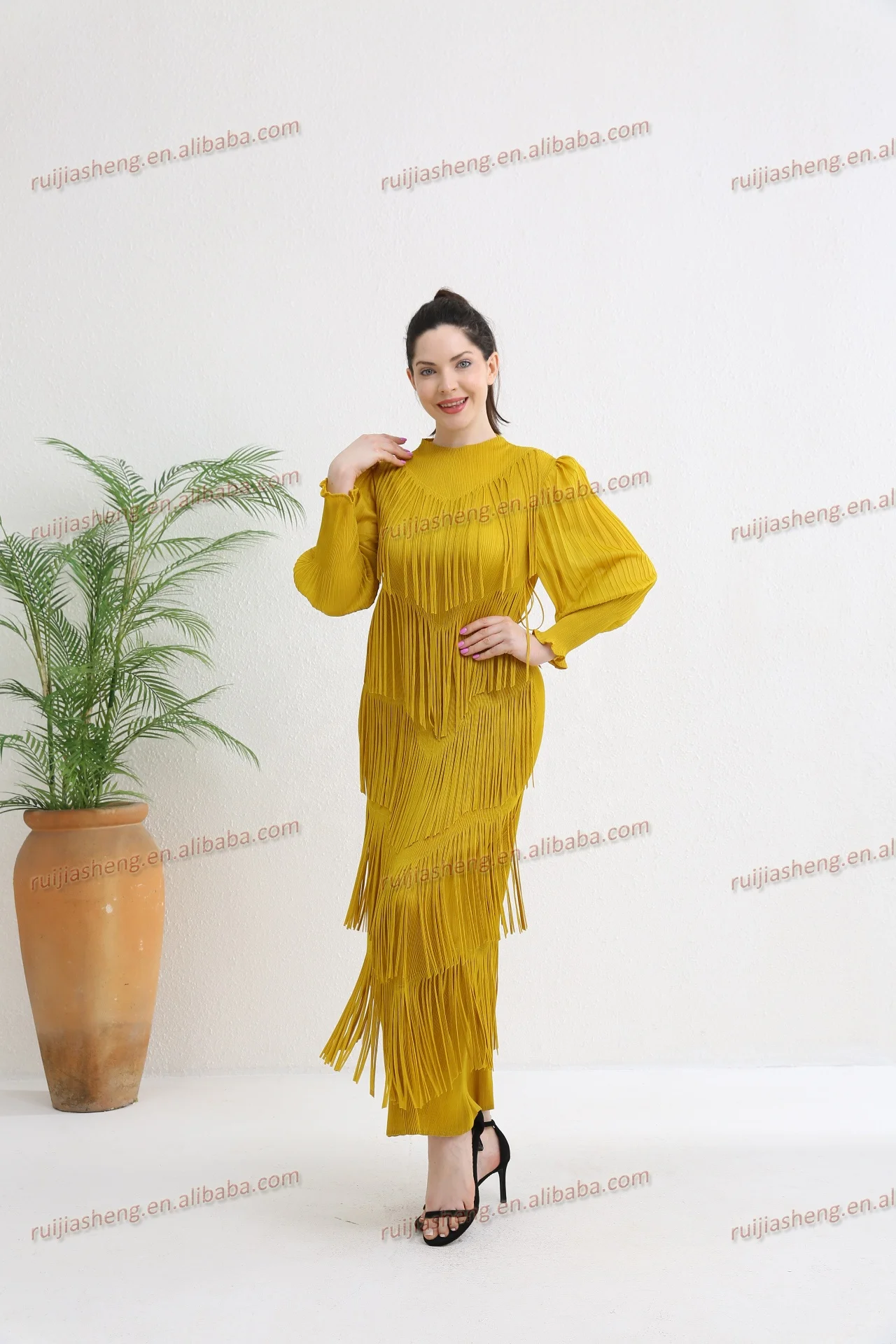 Miyake Pleated Dresses Luxury Rose Long Lantern Sleeve Soft Casual Long  Prom for Women Party Church ODM Fringe Dress Modest