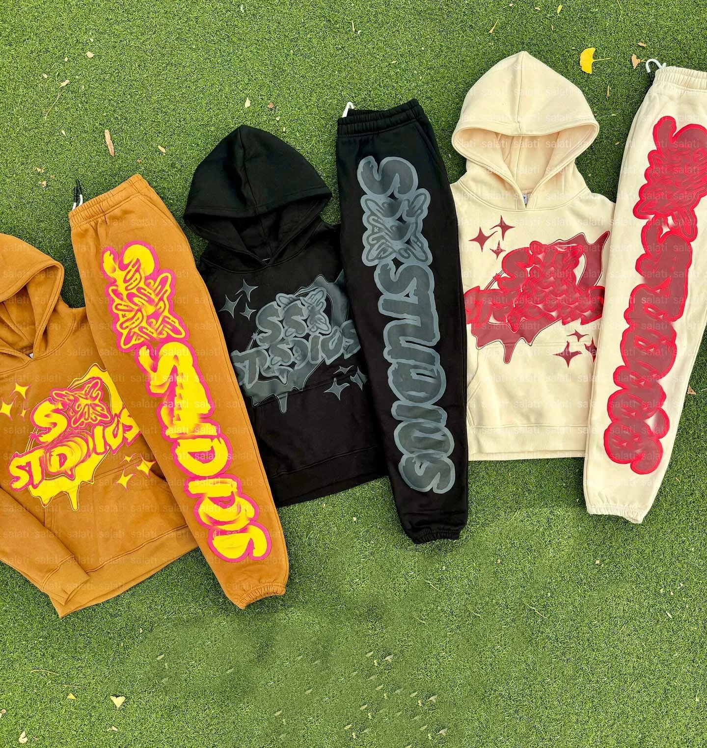 Custom Two Piece Unisex Sweatsuits Puff Print Oversized Baggy Sport Hoodies and Sweat Jogger Sets Sportswear Tracksuits for Men