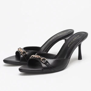 4302A-69 Summer Trendy Black Pointed Open Toe Metal Buckle Decor Stiletto Sandals Women Thin Heeled Sandal slippers Shoes