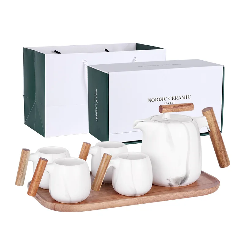 Nordic style ceramic tea set with wooden handle and wooden tray mat white glaze ceramic tea pot with tea cup