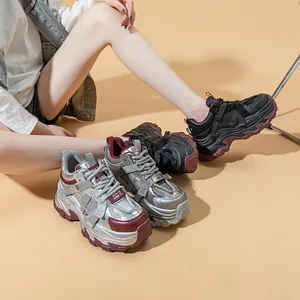 High Quality Thick Sole with a Height Increase of 8CM, Casual and Versatile Color Blocked Rhinestone Sports Women's Shoes