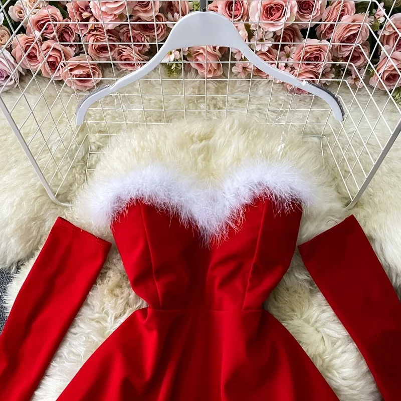 bodycon dress with fur trim BRIDGET Off-Shoulder Faux Fur Midi Dress Wine Red / XL main image 0