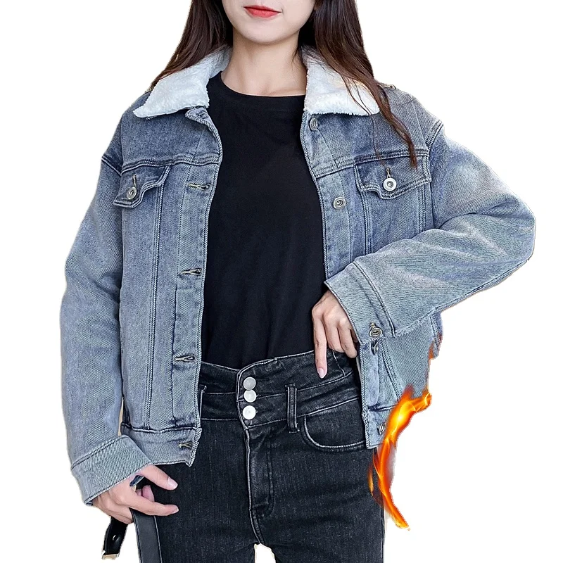 
Wholesale high quality ladies winter denim jacket woman custom blue jean jacket for woman 