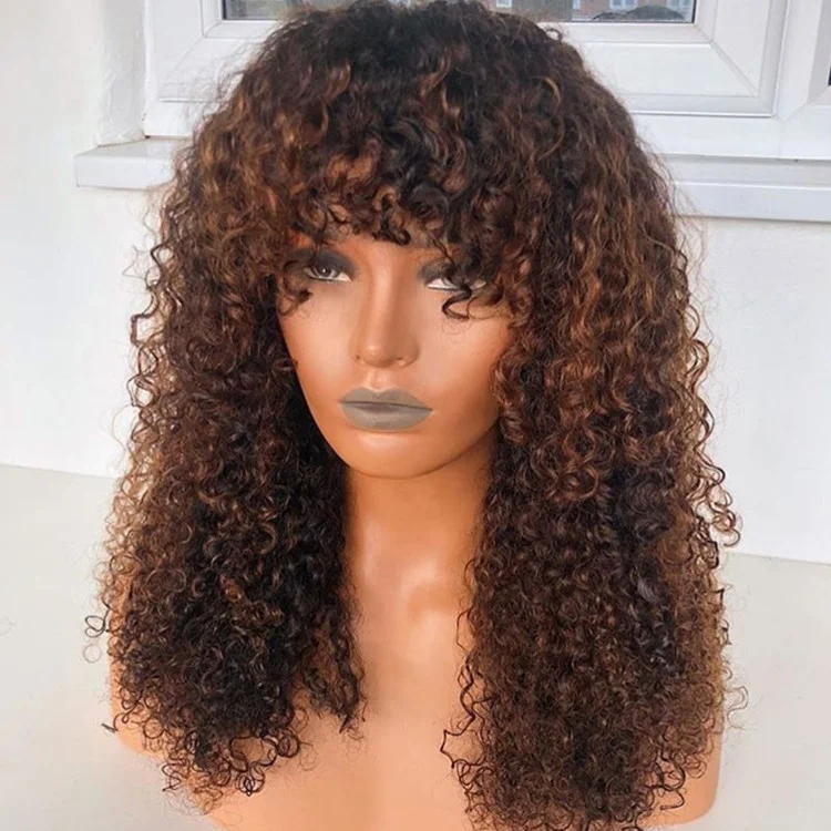 Cuticle Aligned 1B/30 Brown Kinky Curly Peruvian Human Hair Lace Frontal Wigs With Bang - Image 2