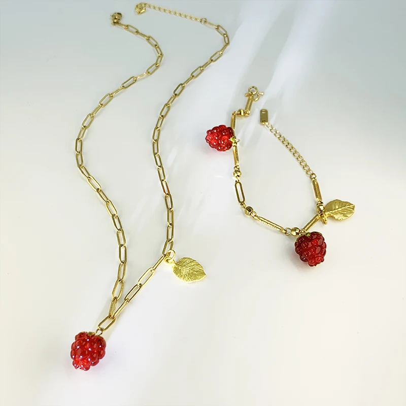 Fashion Women Glass 18k Gold Plated Stainless Steel Fruit Raspberry Glass Pendant Bracelet Necklace Jewelry