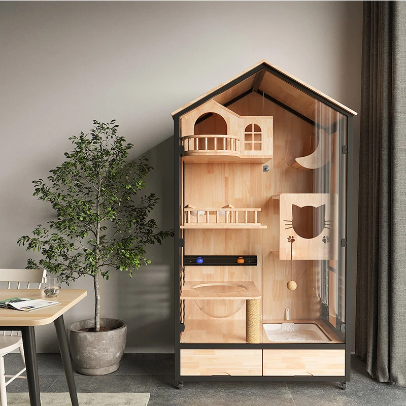 Panoramic Luxury Home Large Pet Indoor Japanese Style Cat House Cabinet Solid Wood Cat Villa Cage