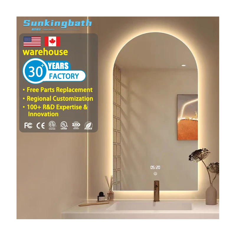 Custom Size Led Arched Wall Bathroom Arch Shape Anti-foggy Bathroom Smart Frameless Shower Mirror with Light Touch Screen Switch