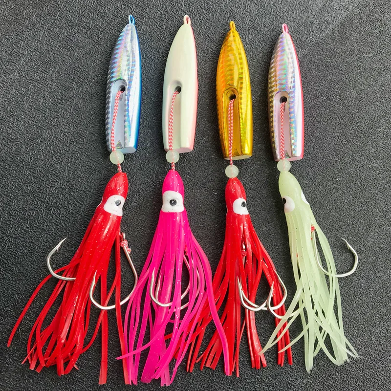 3D Eye Fishing Spoon Squid Lead Head Bait Swim Bass Squid Skirt Fishing Lure 