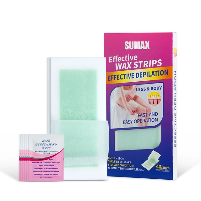 Sumax Professional Hair Removal 9*18 cm Ready To Use Wax Strips Four Color 20 Pcs Cold Wax Strips And 6 Wet Wipes
