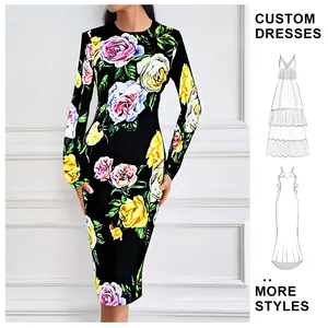 Custom Bodycon Dress 2025 Spring Summer Party Event Women Vintage Floral Print Long Sleeve Midi Pure SIlk Dress Long Sleeve