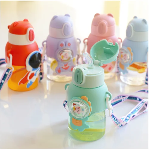 Cute Kids Kawaii Bear Water Bottle with Straw and Strap