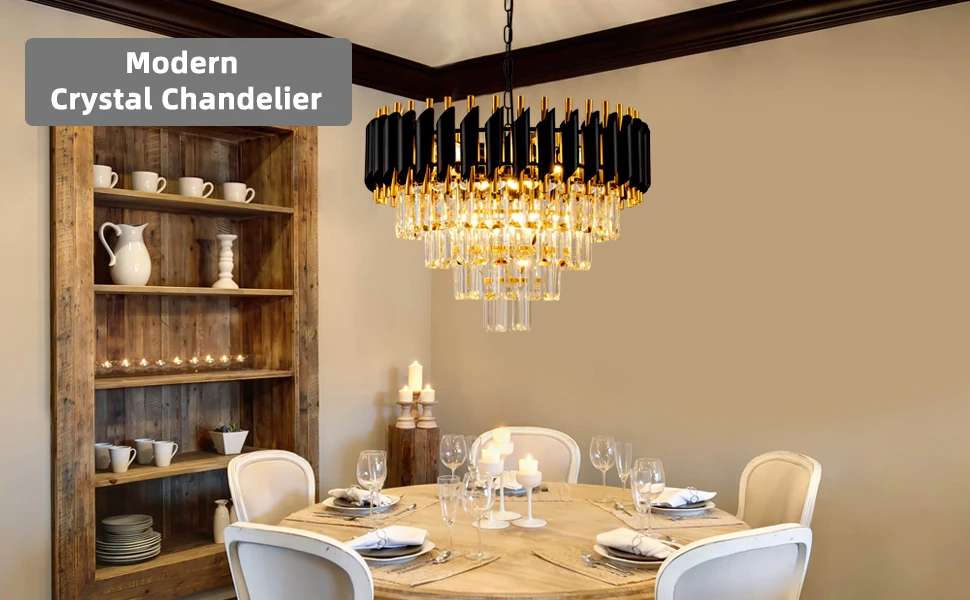 Black and Gold Luxury K9 Crystal Chandelier Round Modern  Pendant Light for Living Room Island Dining Room Bedroom Hanging Lamp