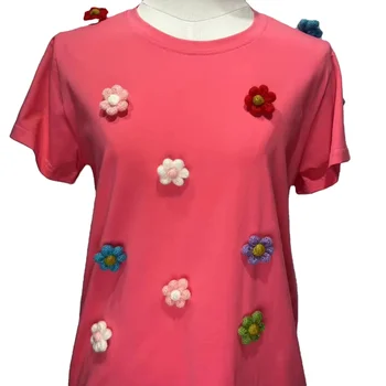 Ainidan 2024 Women's Floral Cotton Tshirt Cute Customizable 3D Printed Top for Girls Customized Logo Wholesale Supply