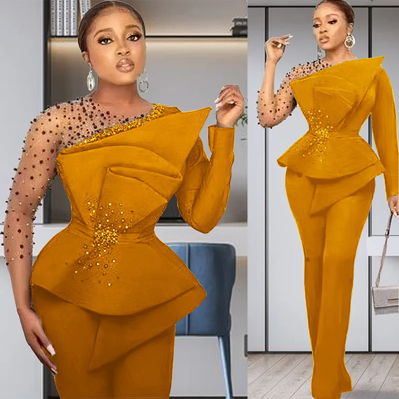 Fashion Elegant Plus Size Solid Color Mesh Stitching Bead Outfits for Women Wide Leg Pants Formal Suit Two Piece Women
