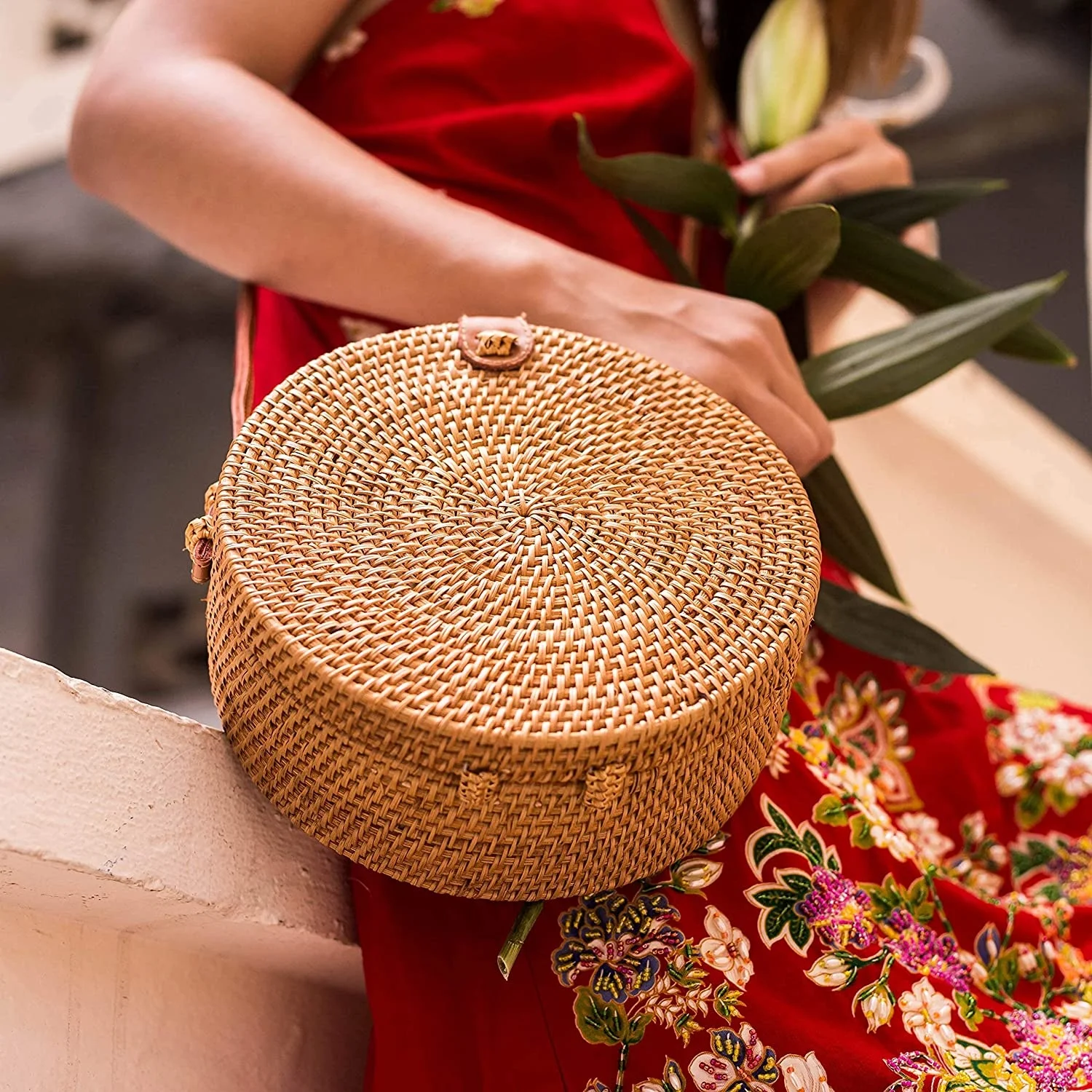 Bali Handwoven Bamboo Round Fashion Bag Shoulder Leather Straps Natural  Chic Handbag Rattan Bag