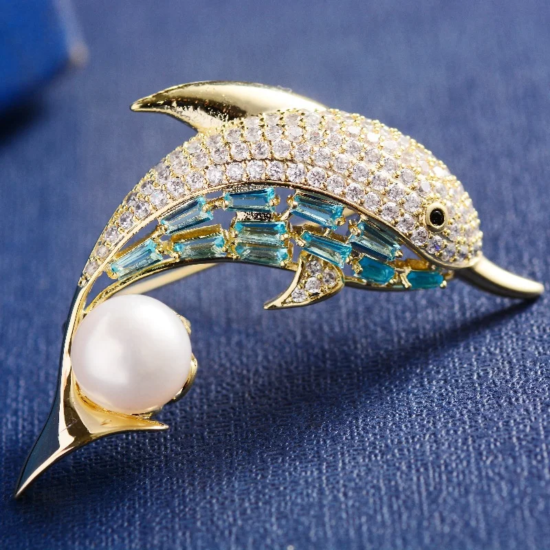 Broche Dauphin En Métal Doré Rosé Avec Strass - Bijou Fantaisie Neuf