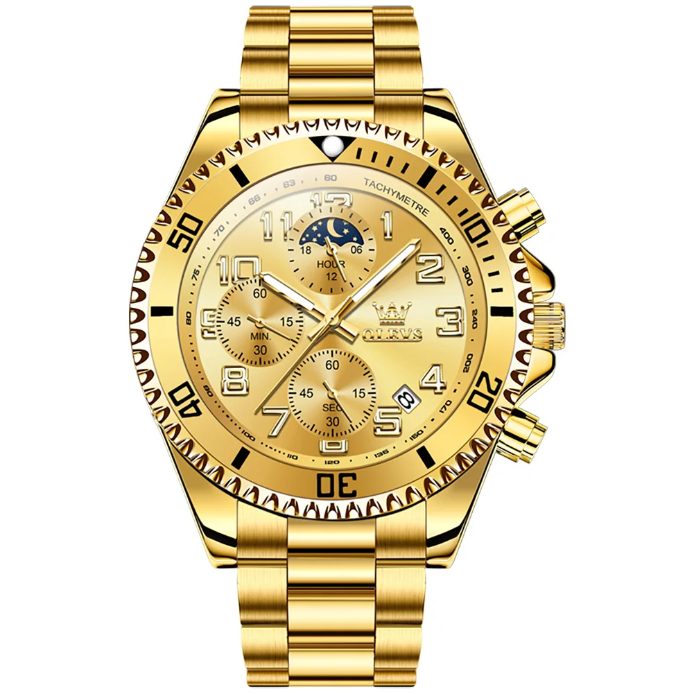 OLEVS 2926 Popular Golden Men Quartz Watch Cool Steel Strap Luminous Chrono Advertising Business Watch Company