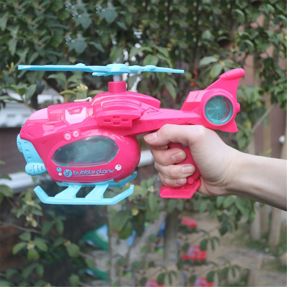 Electric Hand Held Helicopter Shape Soap Bubble Machine Bubble Gun Toy for Kids Summer Outdoor with Music and Lights