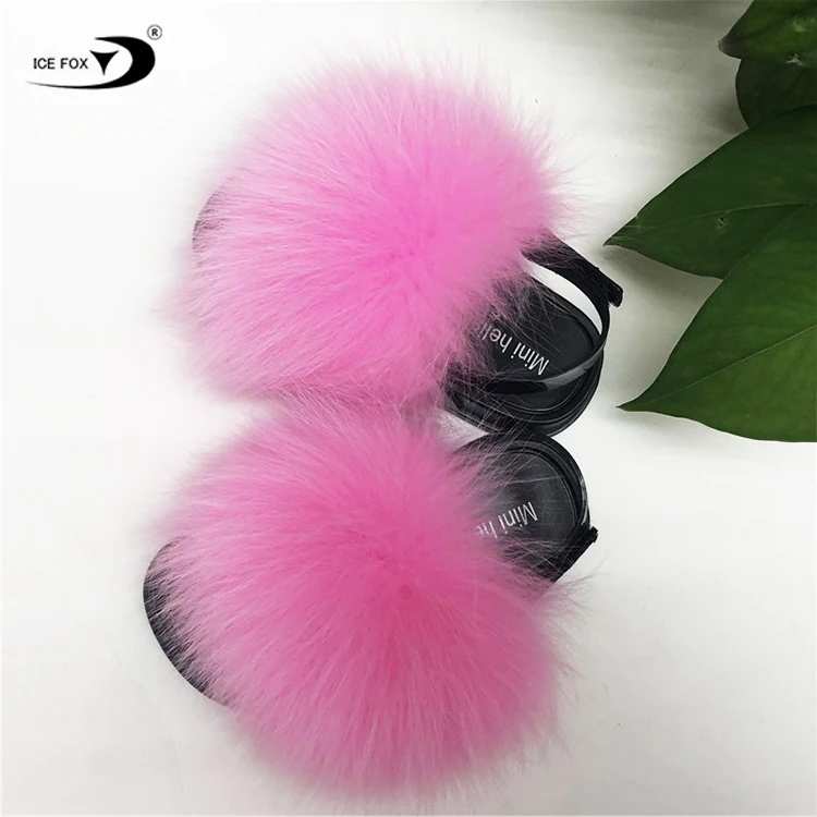 Factory Price 2021 New Colorful Real Fox Fur Sandals With Strap Toddler Kid Fur Slides