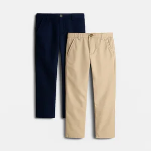 Custom Kids Boys Chino Pants 2-Pack Cotton Stretch Slim Fit Trousers Navy and Khaki Colors for School Uniform Daily Casual Wear