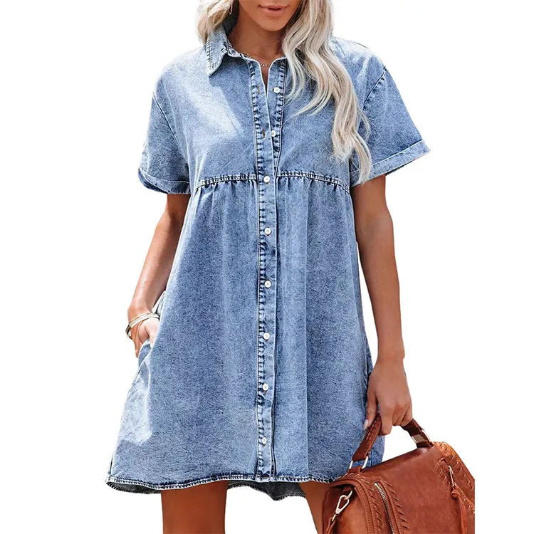 Wholesale Summer Women's Denim Dresses Ladies Denim Skirts Short Sleeve  Summer Midi Women Dresses