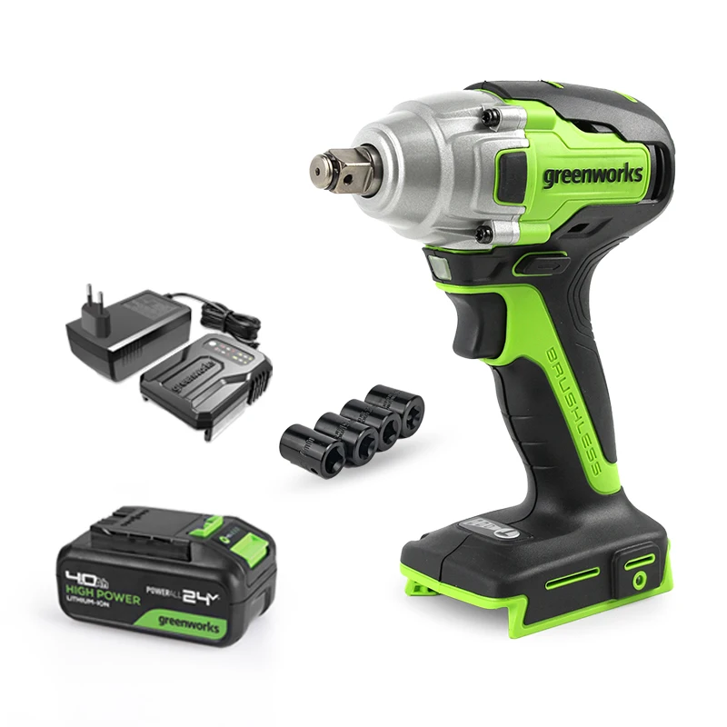 Avvitatore a impulsi senza spazzole Greenworks da 24 V, dimensioni punta da 1/2", coppia di 300 piedi per libbra, regolazione a 3 velocità, luce LED, batteria da 4 Ah e caricabatteria._voghion.com